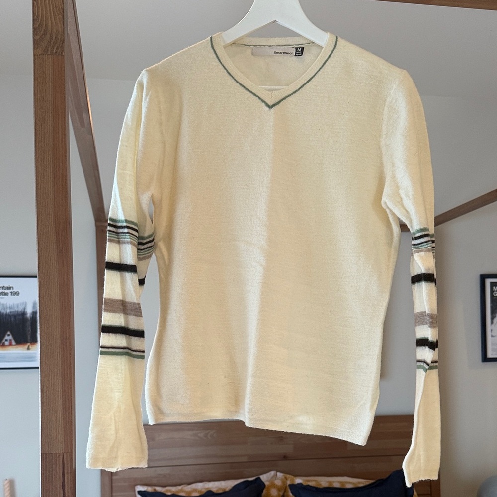 Smartwool Cream V-Neck Sweater with Striped Sleeves
